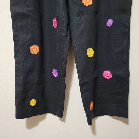Rosanna 100% Linen Black Pants with Colurful Floral Embroidery | Size 16W - Picture 4 of 5